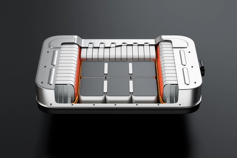 Cutaway view of electric vehicle battery pack on black background. 3D rendering image.