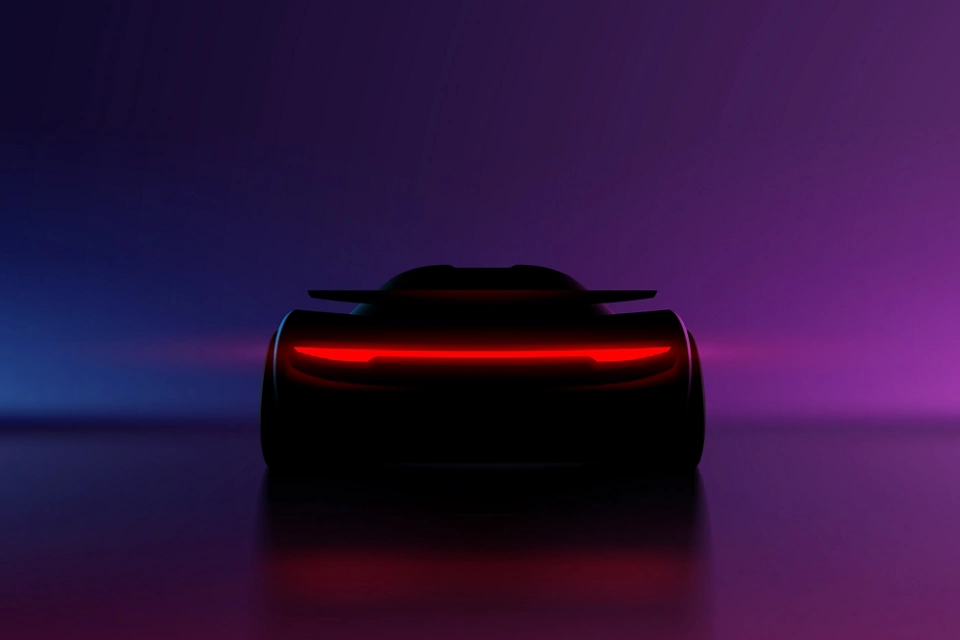 Car back view silhouette with red lights on neon background in vector